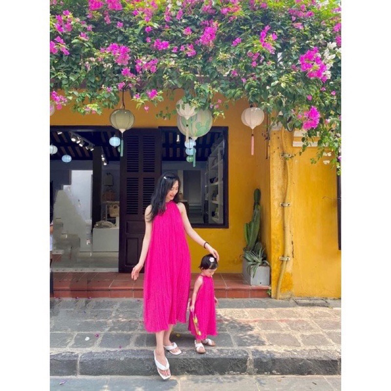 Sét váy maxi mẹ bé lụa tằm xinh yêu kèm bờm
