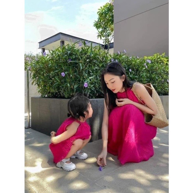 Sét váy maxi mẹ bé lụa tằm xinh yêu kèm bờm