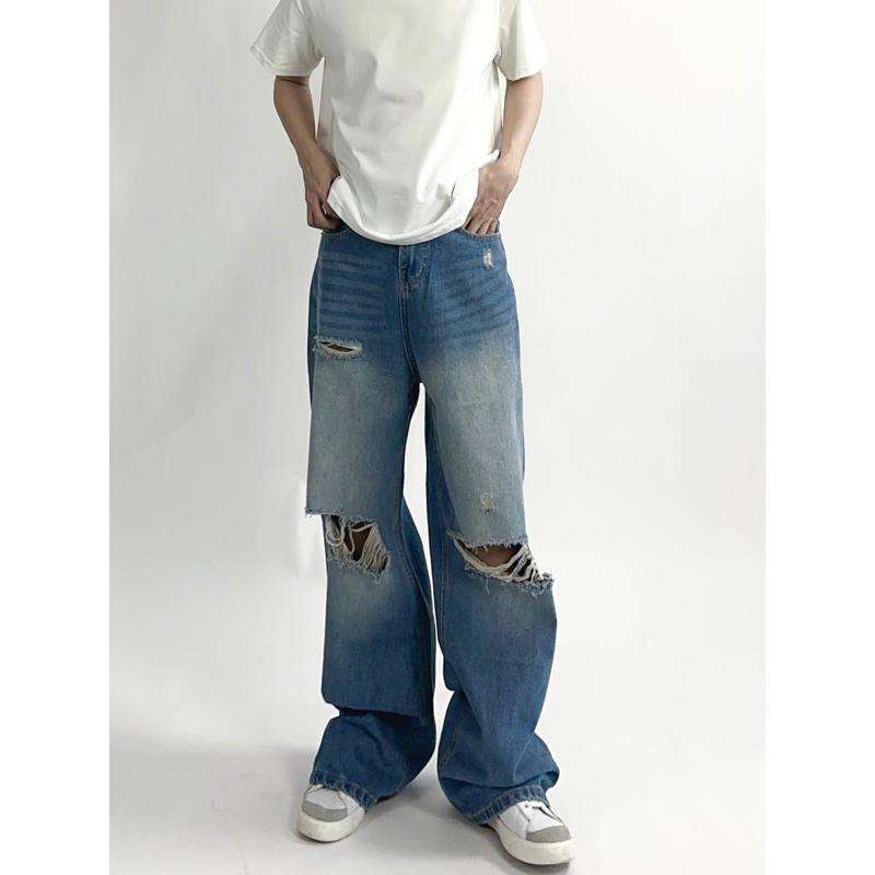 Quần jeans ống rộng rách gối nam nữ phong cách 1008 - RIPPED JEANS