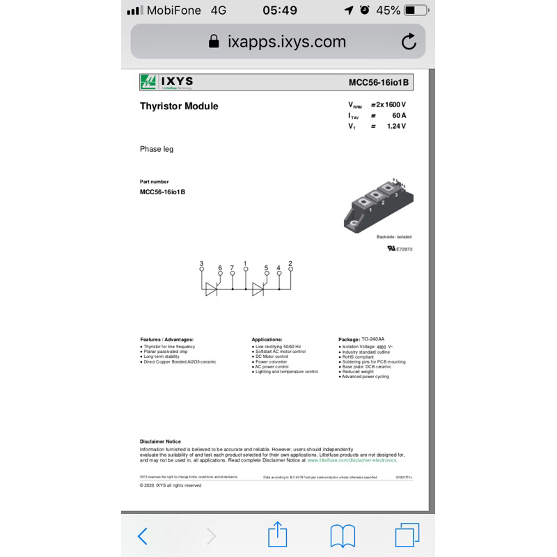 Thyrostor scr module MCC56-16  hàng tháo máy