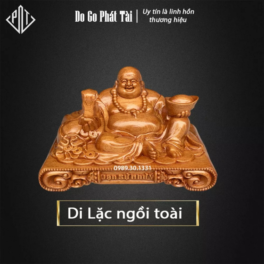 Tượng gỗ phong thủy Di Lặc Vạn Sự Như Ý để ô tô bàn làm việc gỗ Bách xanh thơm hàng đẹp Ngang 15