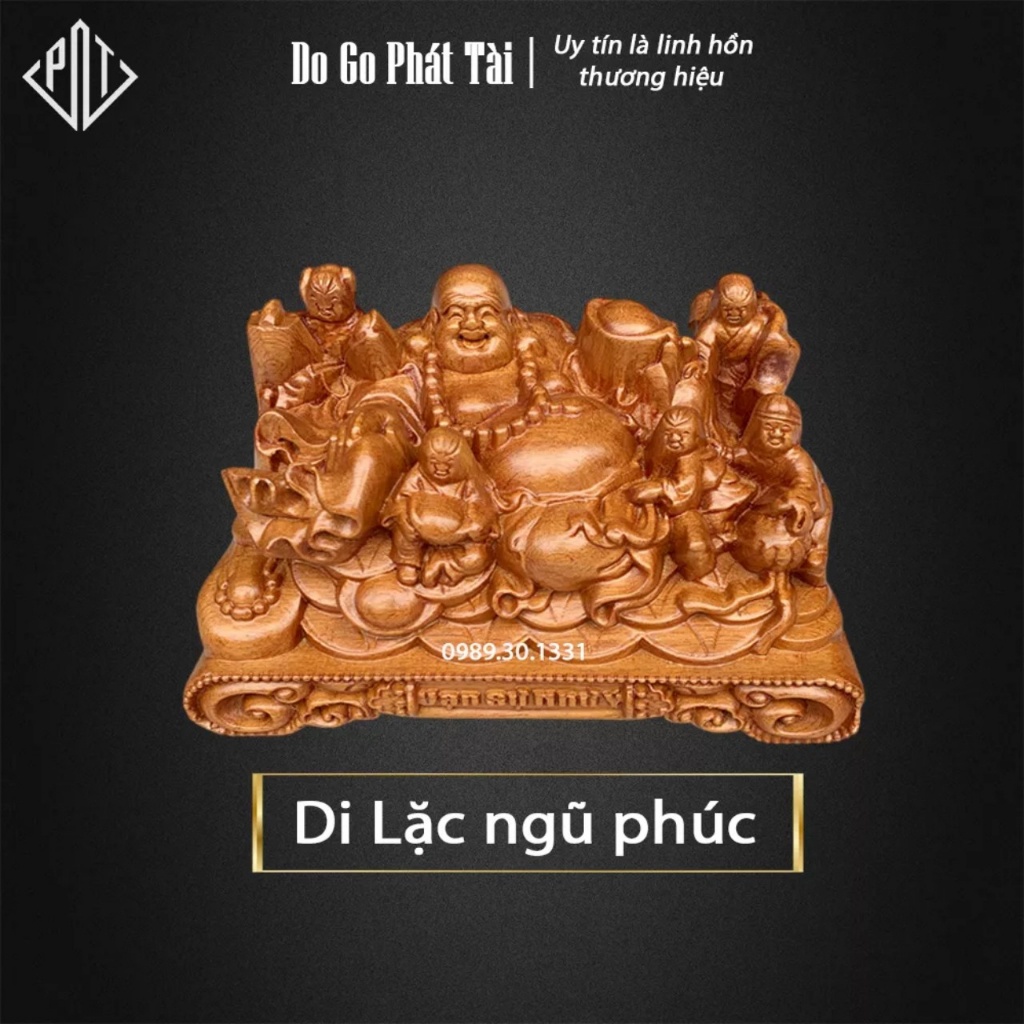 Tượng gỗ phong thủy Di Lặc Vạn Sự Như Ý để ô tô bàn làm việc gỗ Bách xanh thơm hàng đẹp Ngang 15