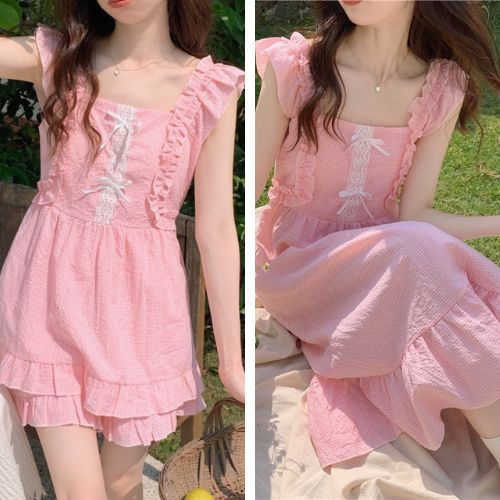 (SẴN) Set bộ váy nữ 2 dây phối nơ quảng châu