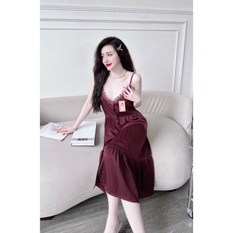Đầm ngủ 2 dây cúc bọc kèm quần