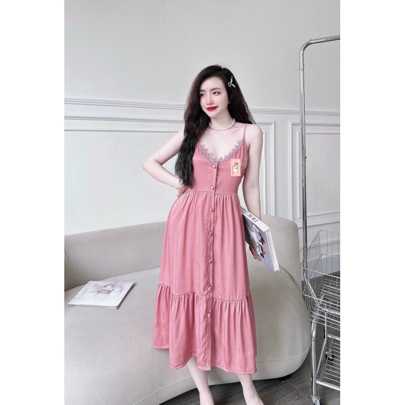 Đầm ngủ 2 dây cúc bọc kèm quần