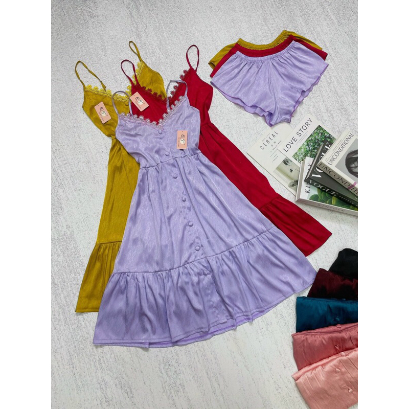 Đầm ngủ 2 dây cúc bọc kèm quần