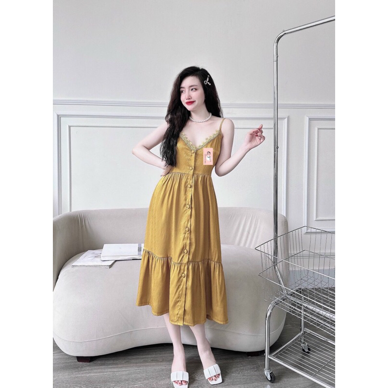 Đầm ngủ 2 dây cúc bọc kèm quần