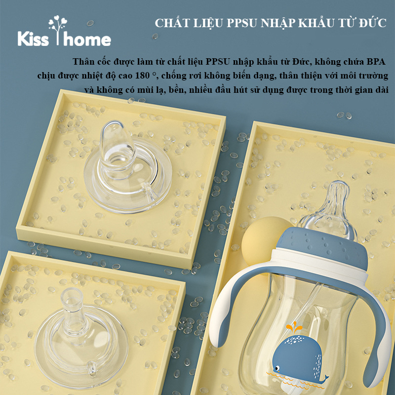 Bình sữa cho bé chất liệu PPSU cao cấp Kiss Home, 3 đầu chức năng tiện lợi, phù hợp với nhiều giai đoạn của bé