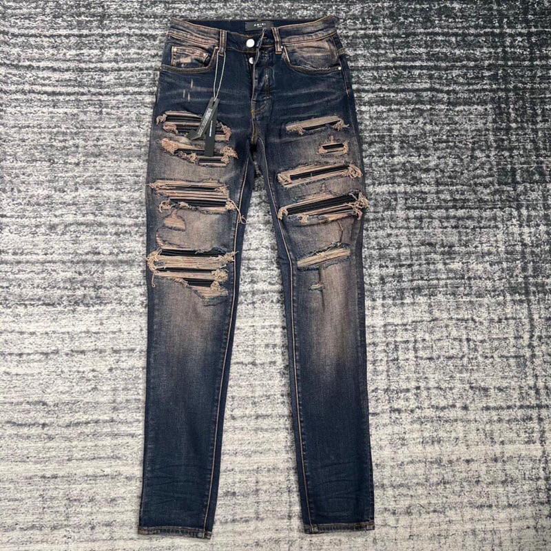 ⚡Hàng cao cấp⚡️ Quần Jeans Amiri Wash Rách Xanh Đậm Vá Da Đen - Dáng Skinny Form Size Chuẩn Chất Liệu Cao Cấp