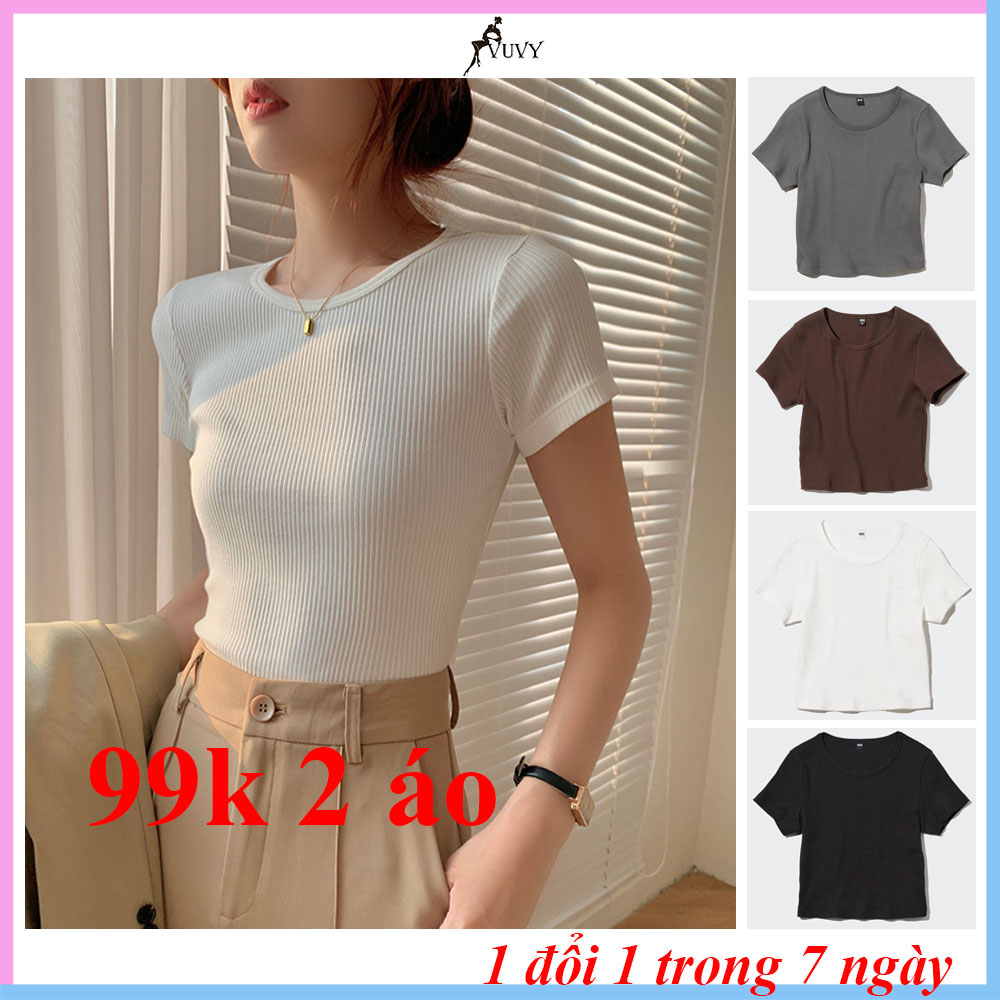 Áo thun nữ tay ngắn cổ tròn ôm body dáng dài thun tăm gân, áo thun tăm nữ tay ngắn cổ tròn vuvy AT1