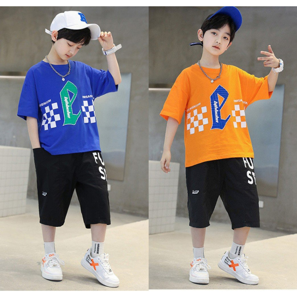 Bộ quần áo mùa hè bé trai 18=45kg mẫu chữ E cá tính. Chất liệu mát, co dãn tốt. HA2