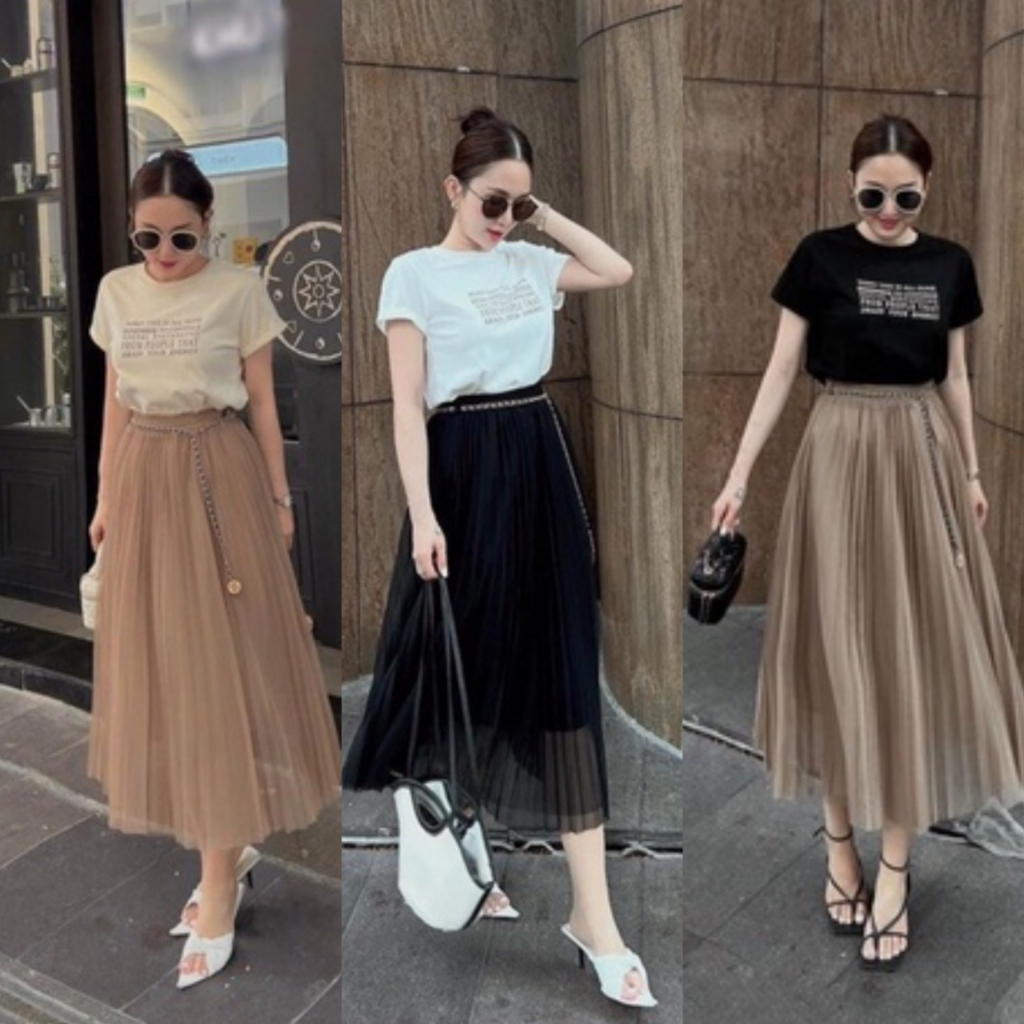 Chân váy voan dài , chân váy xếp ly lưới 3 lớp kèm đai xích tiểu thư dáng dài hàng Quảng Châu cao cấp nhiều màu