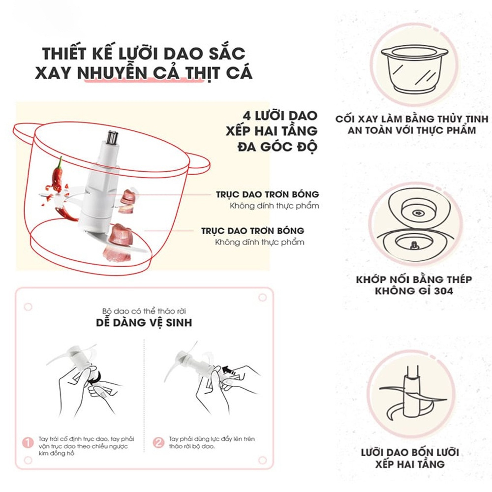 Máy xay đa năng, xay thịt, xay rau củ Bear B02Q1 dung tích 2L, 4 lưỡi dao - Hàng chính hãng