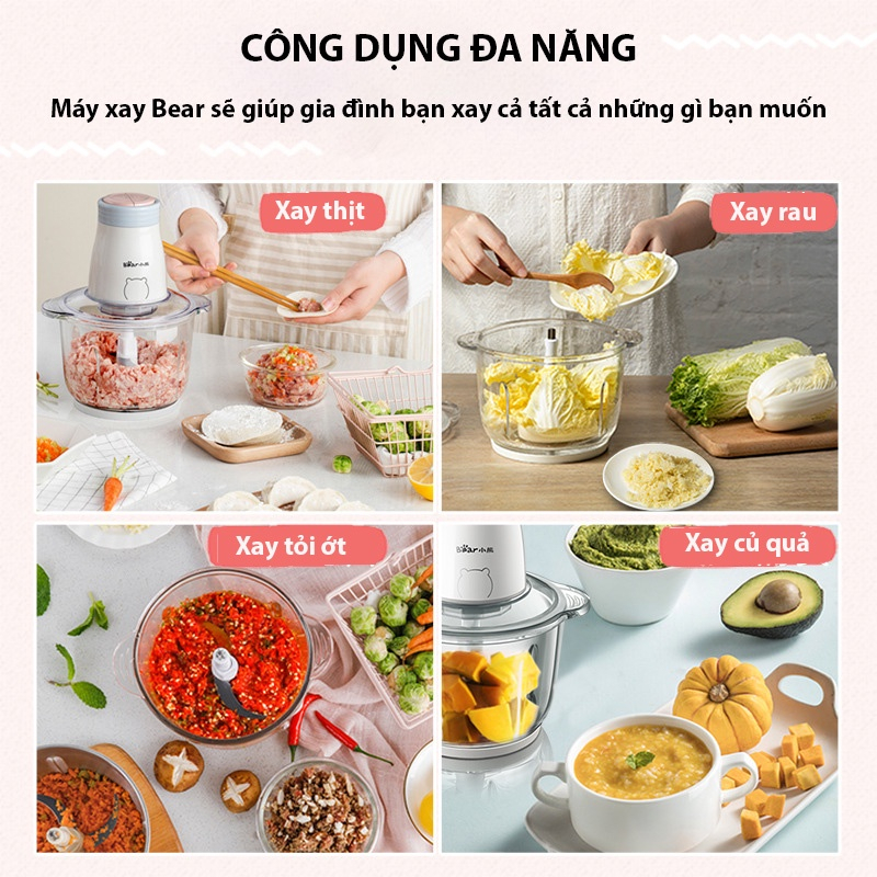 Máy xay đa năng, xay thịt, xay rau củ Bear B02Q1 dung tích 2L, 4 lưỡi dao - Hàng chính hãng