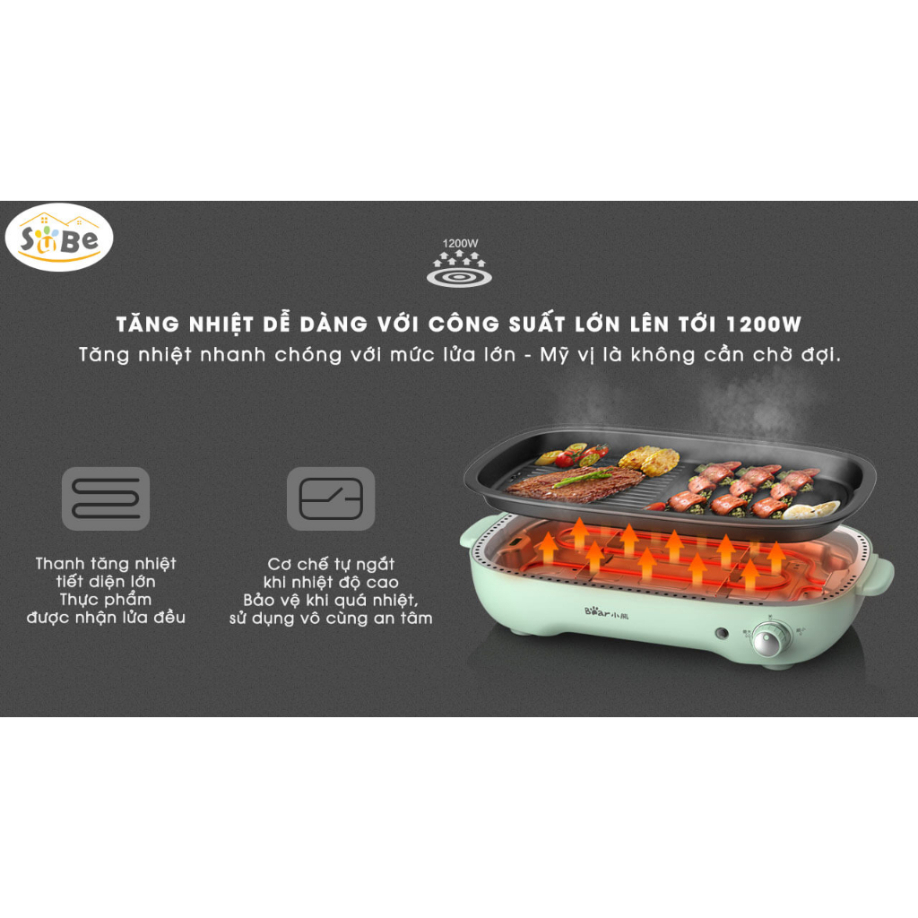 Nồi lẩu nướng điện tháo rời Bear D12Z4, bếp đa năng tích hợp 3 khay làm bánh, nấu siêu tiện lơi, chống dính, BH 12 tháng