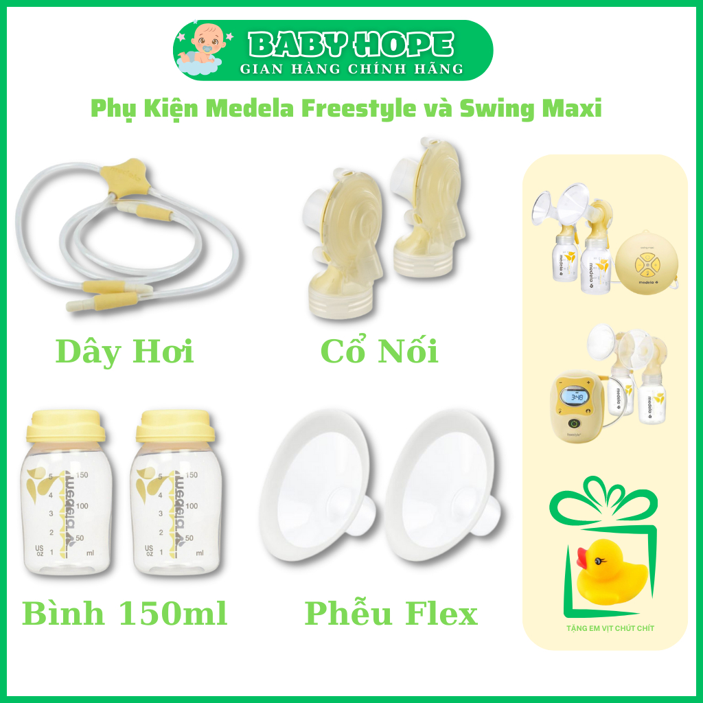 Phụ kiện máy hút sữa Medela Freestyle và Swing Maxi | Dây dân hơi, Cổ nối, Phễu hút sữa Flex, Bình trữ sữa