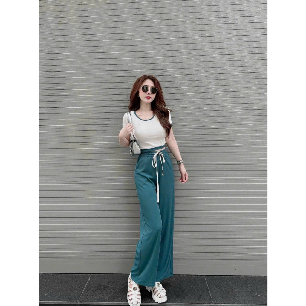 Set bộ thun gân áo croptop ngắn tay khoét lưng mix cùng quần ống suông, set bộ thun gân mặc nhà sang chảnh