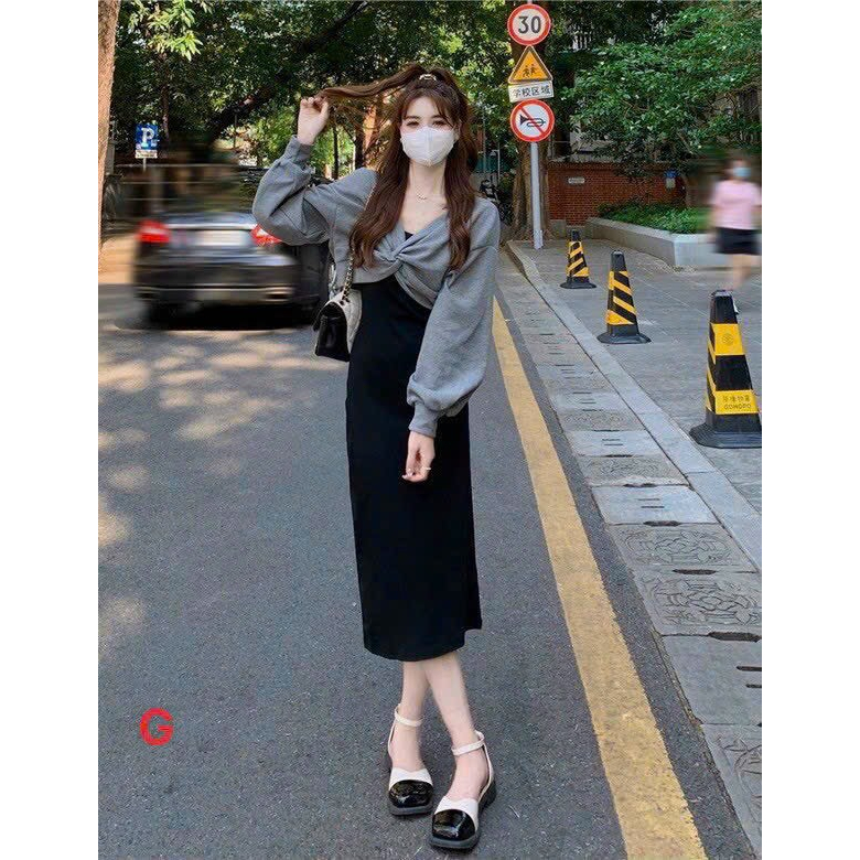Đầm 2 dây body nữ dáng ngắn kèm khoác ngoài chất thun gân,, Set đầm 2 dây body kèm áo khoác dài tay xoắn ngực siêu xinh