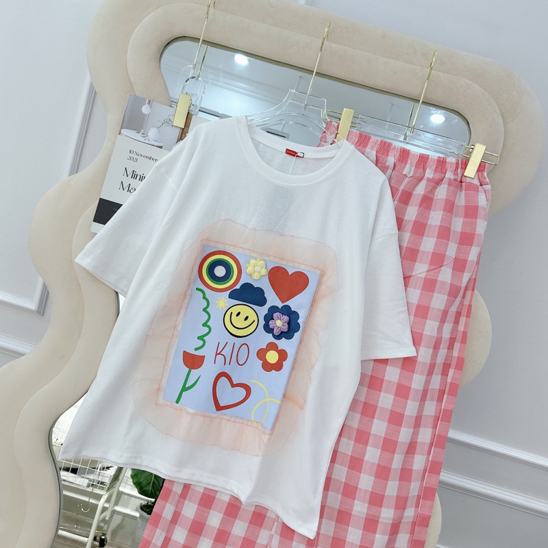 [ 𝐅𝐑𝐄𝐄 𝐒𝐇𝐈𝐏 ] Set bộ hoa bèo mix quần kẻ xuông  Vải loại 1 , áo cottong khô 100% , hình ít sắc nét  Vải quân kẻ thô mềm