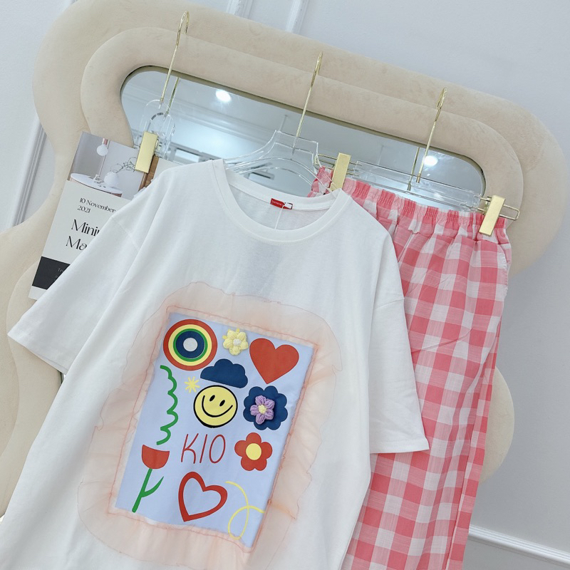 [ 𝐅𝐑𝐄𝐄 𝐒𝐇𝐈𝐏 ] Set bộ hoa bèo mix quần kẻ xuông  Vải loại 1 , áo cottong khô 100% , hình ít sắc nét  Vải quân kẻ thô mềm