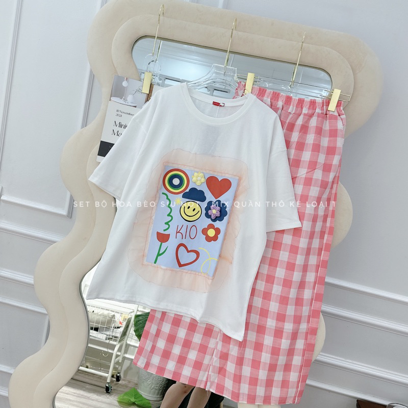 [ 𝐅𝐑𝐄𝐄 𝐒𝐇𝐈𝐏 ] Set bộ hoa bèo mix quần kẻ xuông  Vải loại 1 , áo cottong khô 100% , hình ít sắc nét  Vải quân kẻ thô mềm