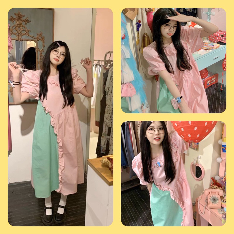 Váy Midi Phối Màu Hồng Xanh Siêu Xinh