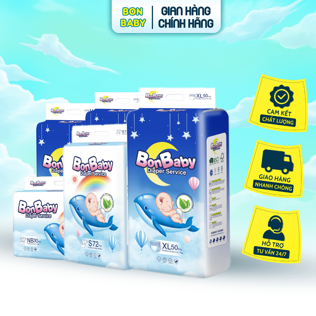 Tã/Bỉm Quần/Dán Bonbaby Cá Heo Công Nghệ Đệm Mây Mềm Mại Thoải Mái &amp; Chống Hằn - Size NB30/NB96/S/M/L/XL/XXL/XXXL