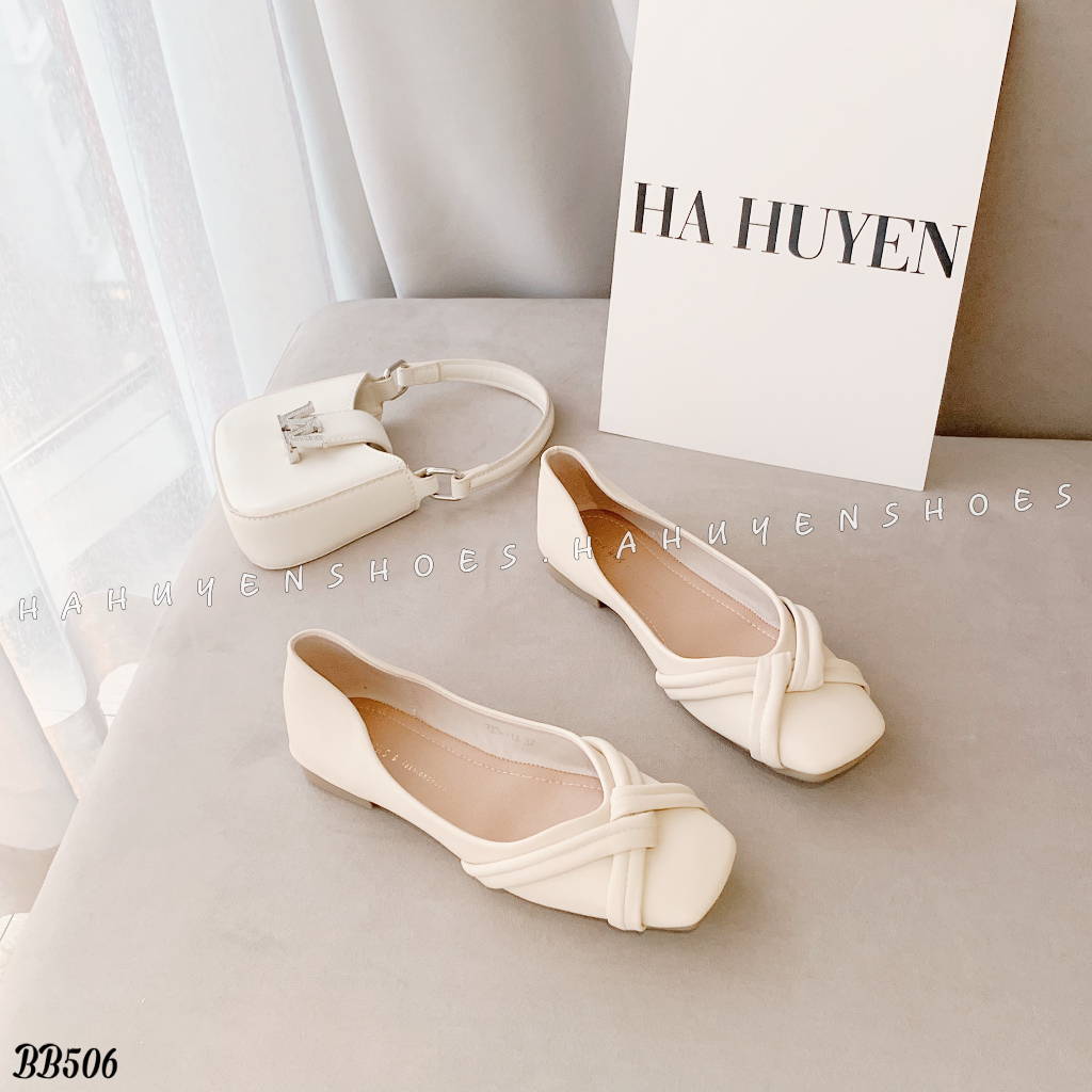 Giày búp bê nữ Hà Huyền Shoes bệt da lì mũi vuông nơ thắt chéo - BB506