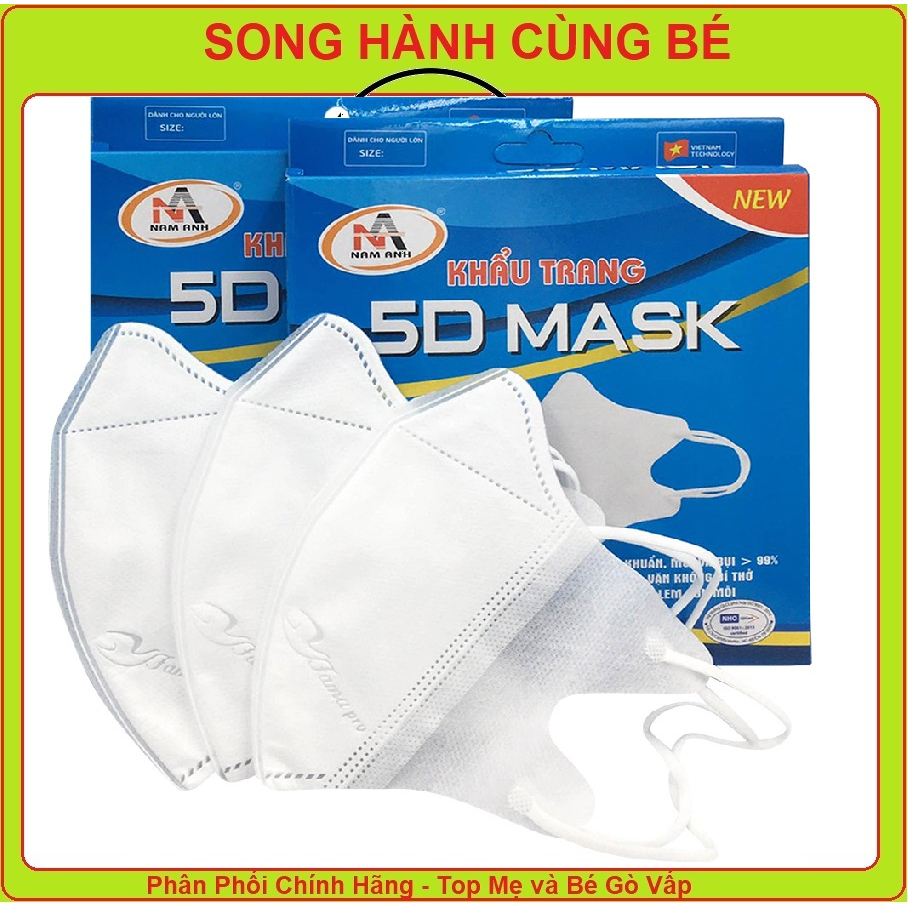 Khẩu trang 5D MASK NAM ANH, màu trắng, hộp 10 chiếc dày 3 lớp , quai thun