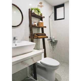 Kệ thang gỗ thông tự nhiên FEGO để đồ phòng tắm, phòng khách, trang trí decor sách