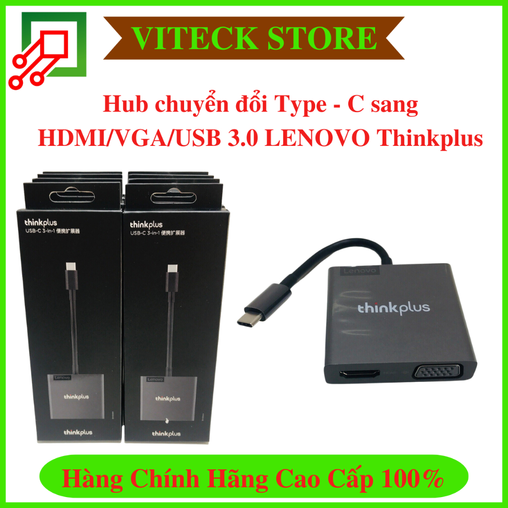 Hub chuyển đổi 3 in 1 Lenovo Thinkplus TYPE-C to HDMI, VGA, USB dùng cho Laptop, điện thoại cổng type C