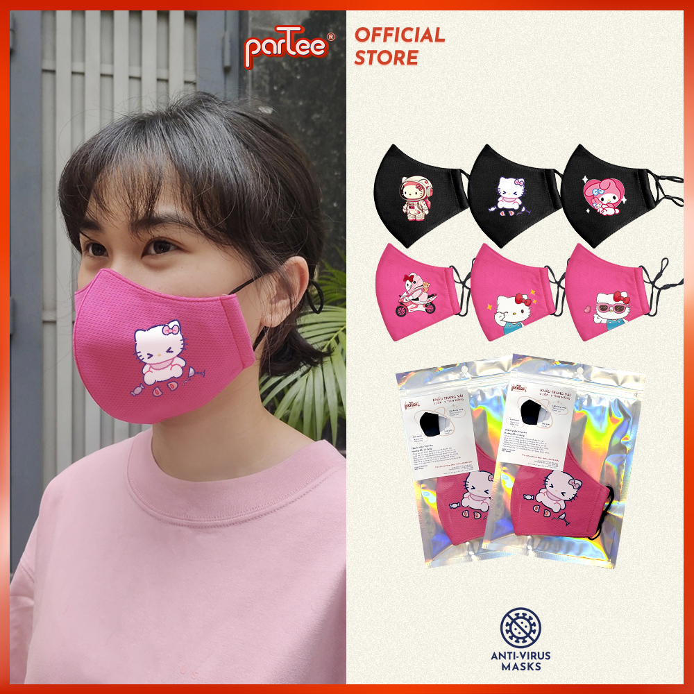 VOUCHER 35K - THƠM DÂU | Khẩu Trang Hello Kitty Cute Vải Bịt Mặt Chống Nắng 3 Lớp Ôm Mặt Có Nút Chỉnh Dây Đeo parteeshop