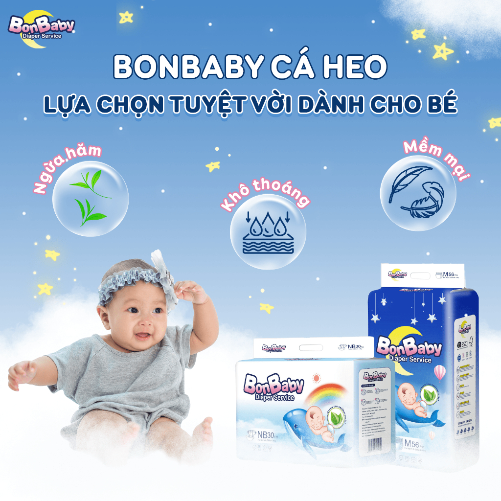 Tã/Bỉm Quần/Dán Bonbaby Cá Heo Công Nghệ Đệm Mây Mềm Mại Thoải Mái & Chống Hằn - Size NB30/NB96/S/M/L/XL/XXL/XXXL