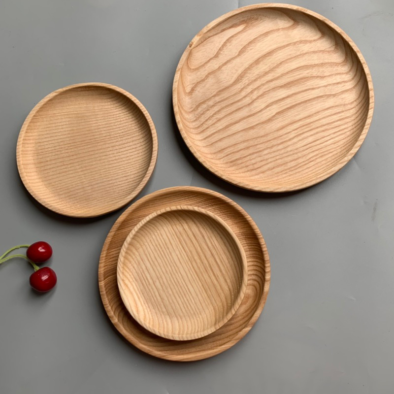 Đĩa tròn gỗ tần bì (gỗ ash) nguyên khối chất lượng cao màu sáng đựng thức ăn, hoa quả. Khay Gỗ Decor chụp ảnh Vitrapro
