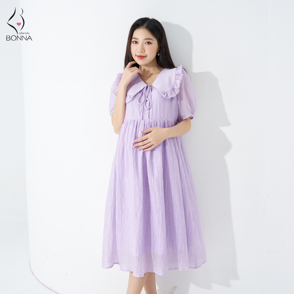 Đầm bầu công sở BONNA babydoll tay bồng nữ tính, cổ phối bèo điệu đà, chất tơ mềm cao cấp, dáng xòe rộng nhẹ nhàng VS341