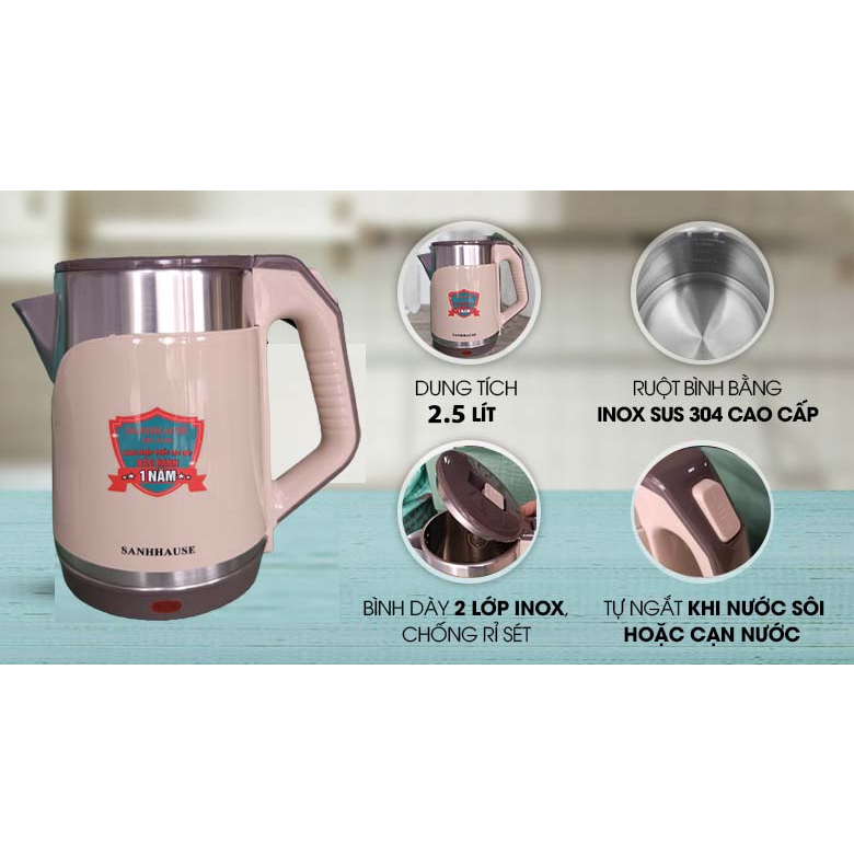 Bình đun siêu tốc SANHHAUSE 2.5lít SH-3166   BẢO HÀNH CHÍNH HÃNG 12 THÁNG