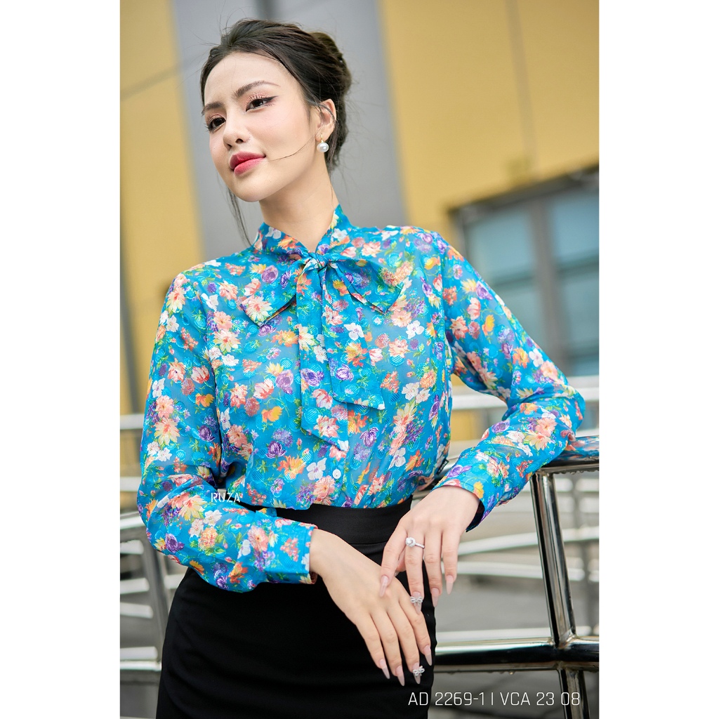 Áo sơ mi RUZA tay dài cổ tròn kiểu thắt nơ hoạ tiết thiết kế dáng công sở thời trang AD 2269
