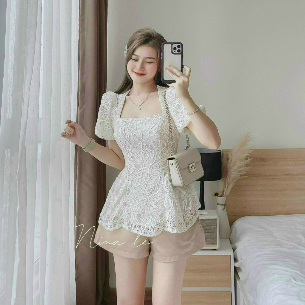 Sét Bộ Đồ Nữ Áo Tay Phồng Cổ vuông, Quần Short, Sét Babydoll Tiểu Thư