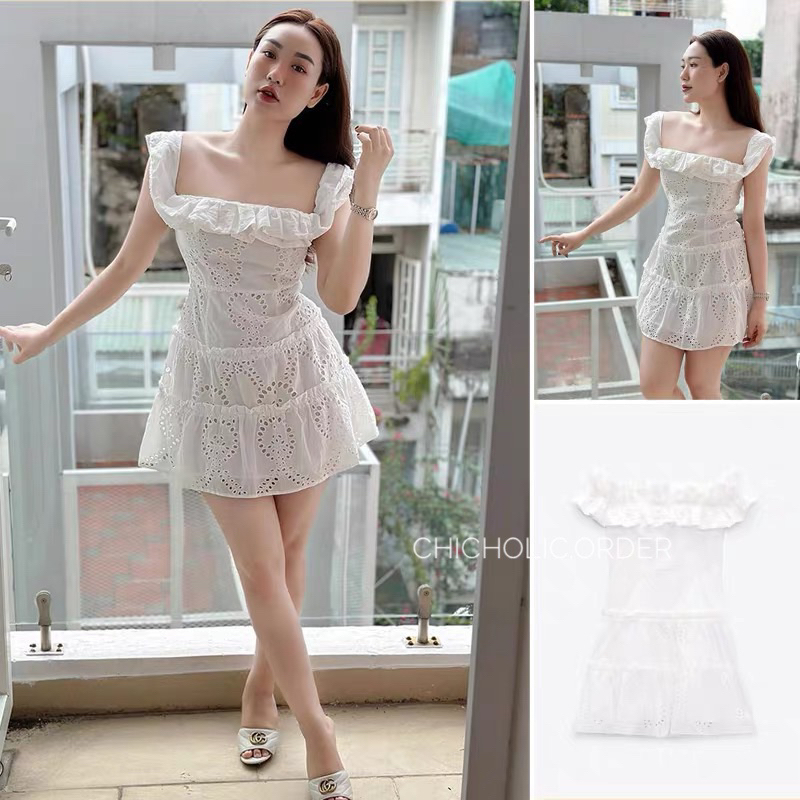 Váy trắng lỗ dáng ngắn cổ vuông phạm nhi 2023 hàng ZR xuất