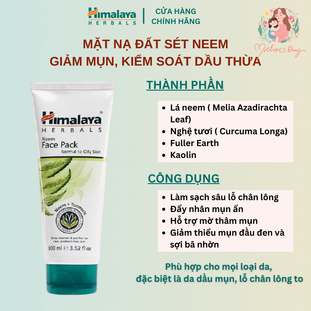 Mặt nạ đất sét kiềm dầu giảm mụn chăm sóc lỗ chân lông chiết xuất lá neem Himalaya Neem Face Pack 100ml