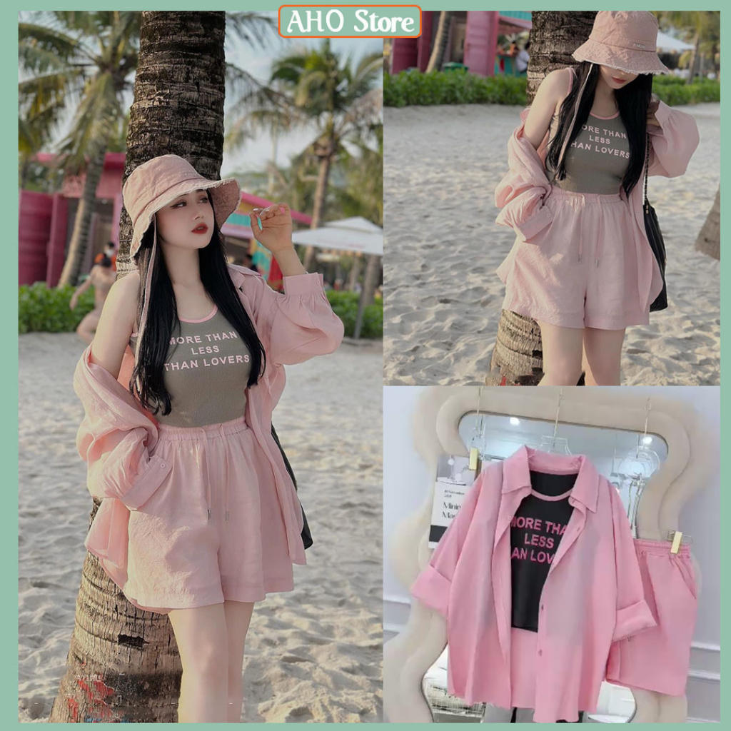 Set 3 Món Màu Hồng Áo Sơ Mi Đũi Kèm Áo 3 Lỗ Chất Bozip In Chữ Viền Cổ Hồng Ôm Body Mix Quần Sooc Đùi Freesize