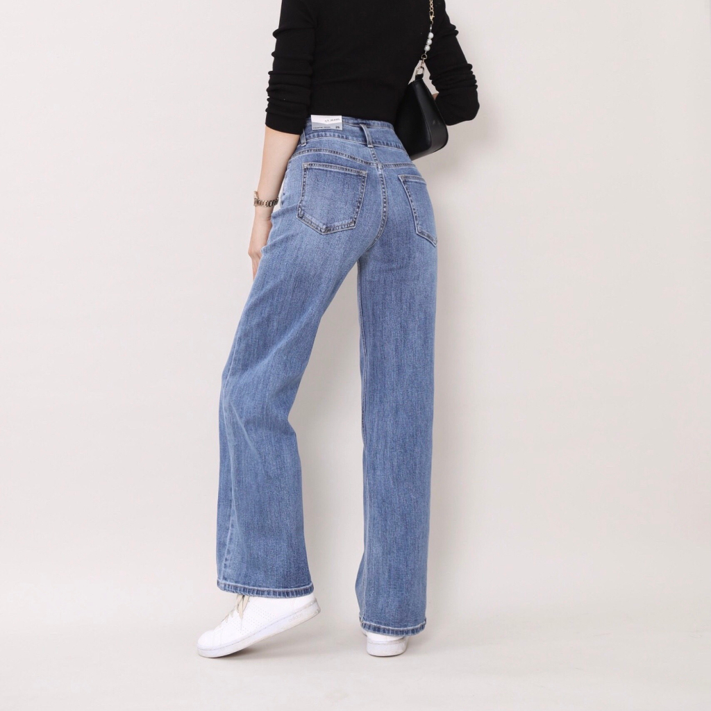 Quần Jeans Nữ Ống Rộng lưng cao Phủ Màu Trơn 3 Cúc  dang dài CT JEANS