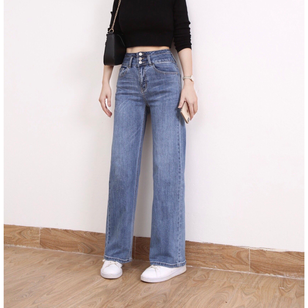 Quần Jeans Nữ Ống Rộng lưng cao Phủ Màu Trơn 3 Cúc  dang dài CT JEANS