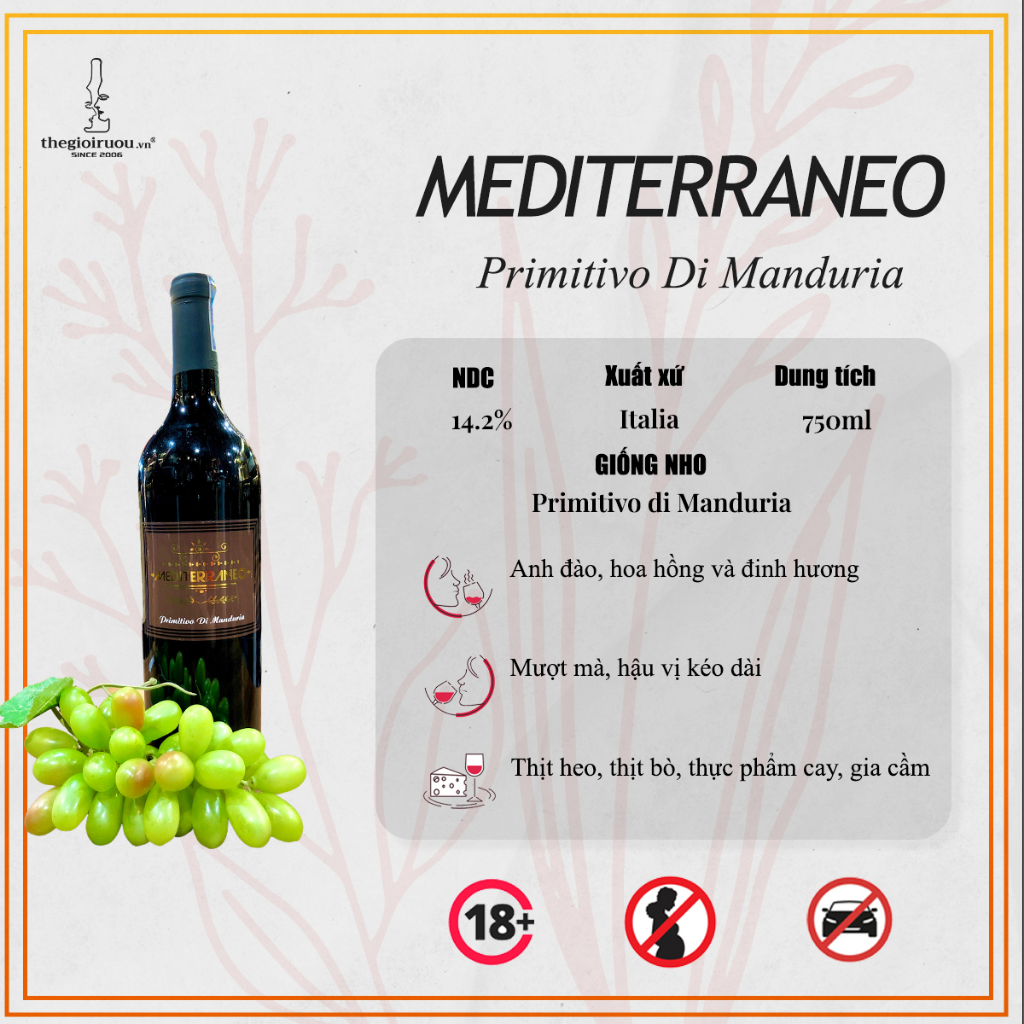 Rượu vang đỏ Mediterraneo Primitivo Di Manduria Limited Edition Nebbiolo Vintage 2015 rượu vang ý
