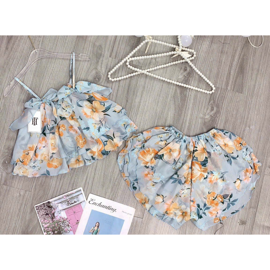 [6,6 Sales Freeship] Bộ đùi ngủ sexy, set bộ voan tầng hoa 2 dây đính nơ mix quần đùi, set hoa đủ màu quyến rũ th