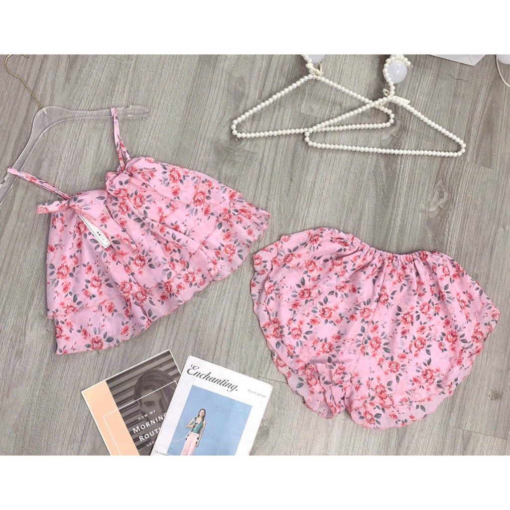 [6,6 Sales Freeship] Bộ đùi ngủ sexy, set bộ voan tầng hoa 2 dây đính nơ mix quần đùi, set hoa đủ màu quyến rũ th