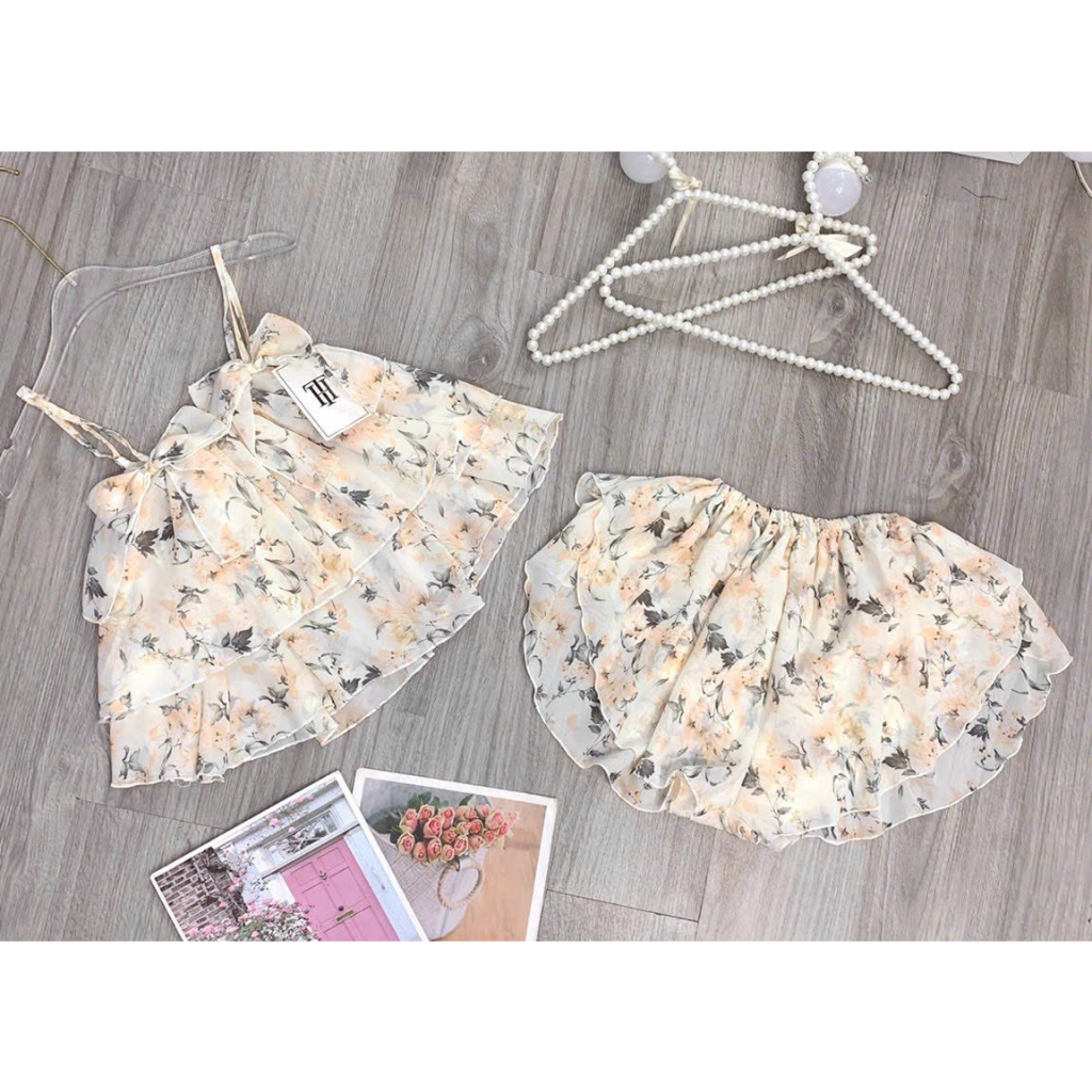 [6,6 Sales Freeship] Bộ đùi ngủ sexy, set bộ voan tầng hoa 2 dây đính nơ mix quần đùi, set hoa đủ màu quyến rũ th
