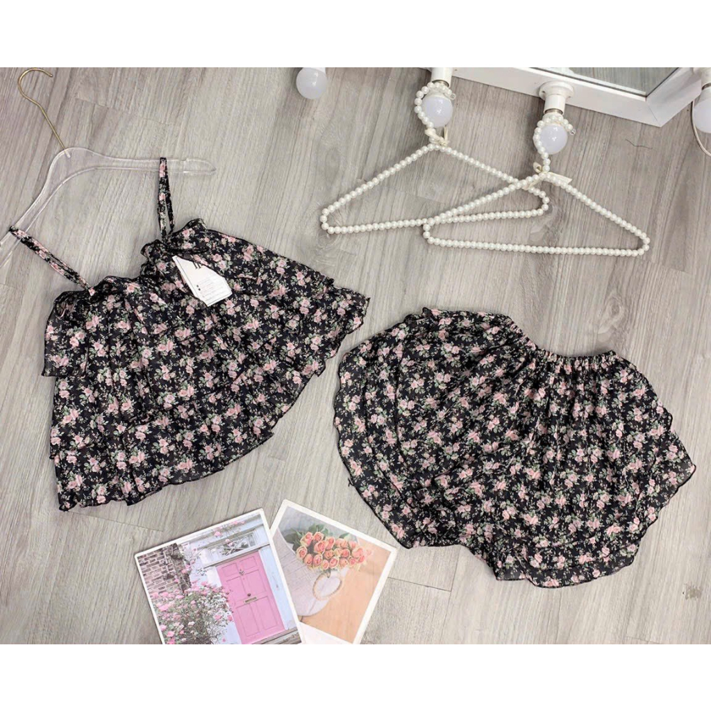 [6,6 Sales Freeship] Bộ đùi ngủ sexy, set bộ voan tầng hoa 2 dây đính nơ mix quần đùi, set hoa đủ màu quyến rũ th
