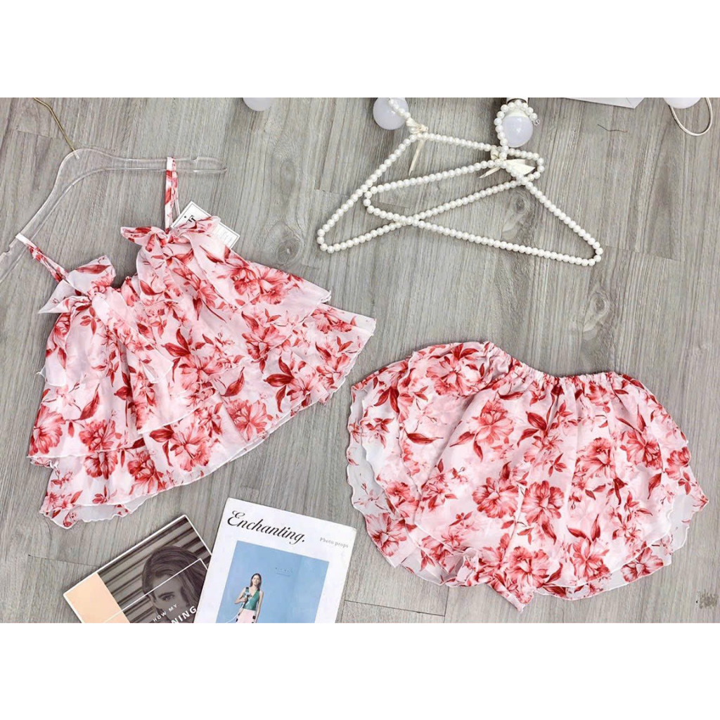 [6,6 Sales Freeship] Bộ đùi ngủ sexy, set bộ voan tầng hoa 2 dây đính nơ mix quần đùi, set hoa đủ màu quyến rũ th