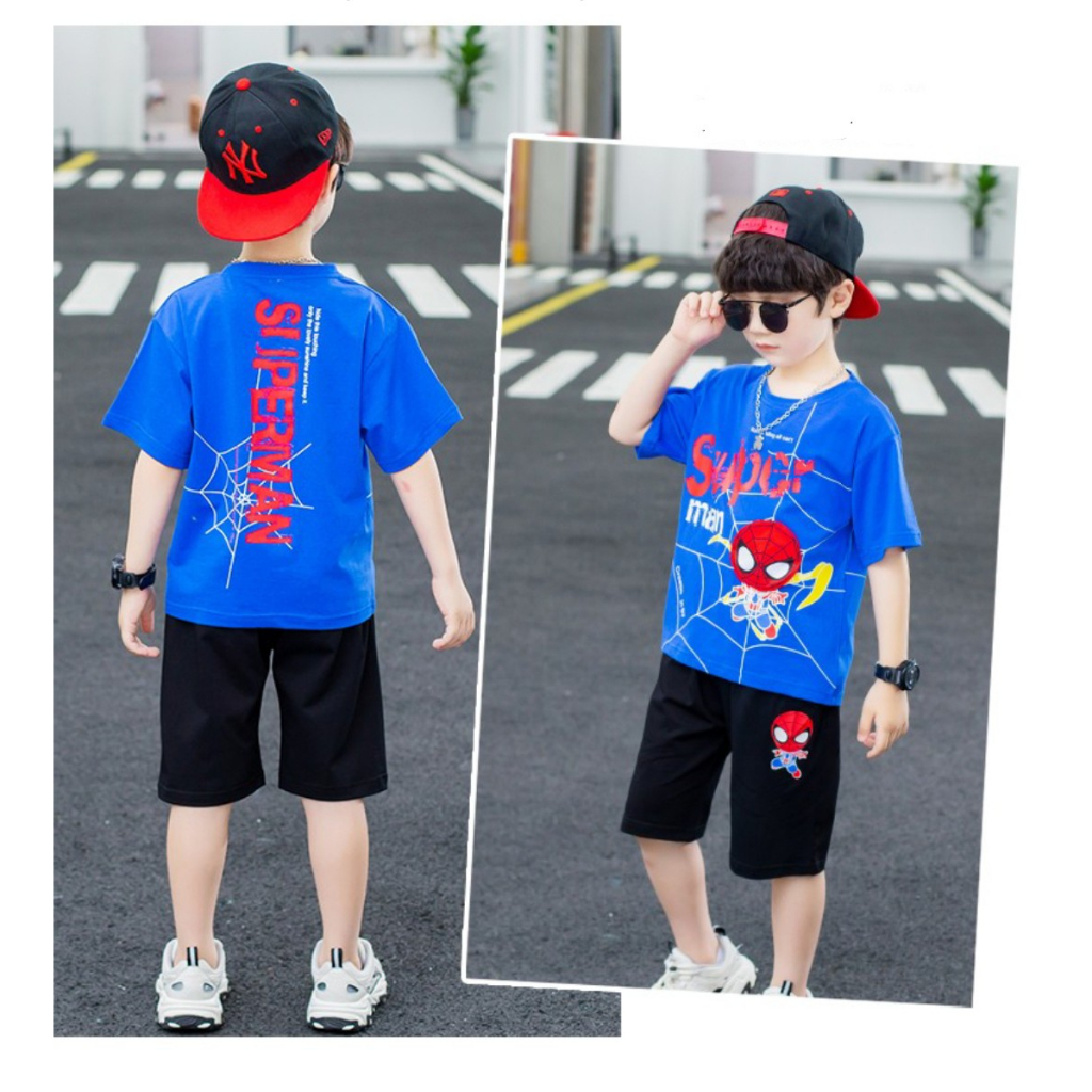 Bộ quần áo mùa hè dành cho bé trai 18-45kg mẫu siêu nhân nhện SUPERMAN. Chất liệu thoáng mát. HA13